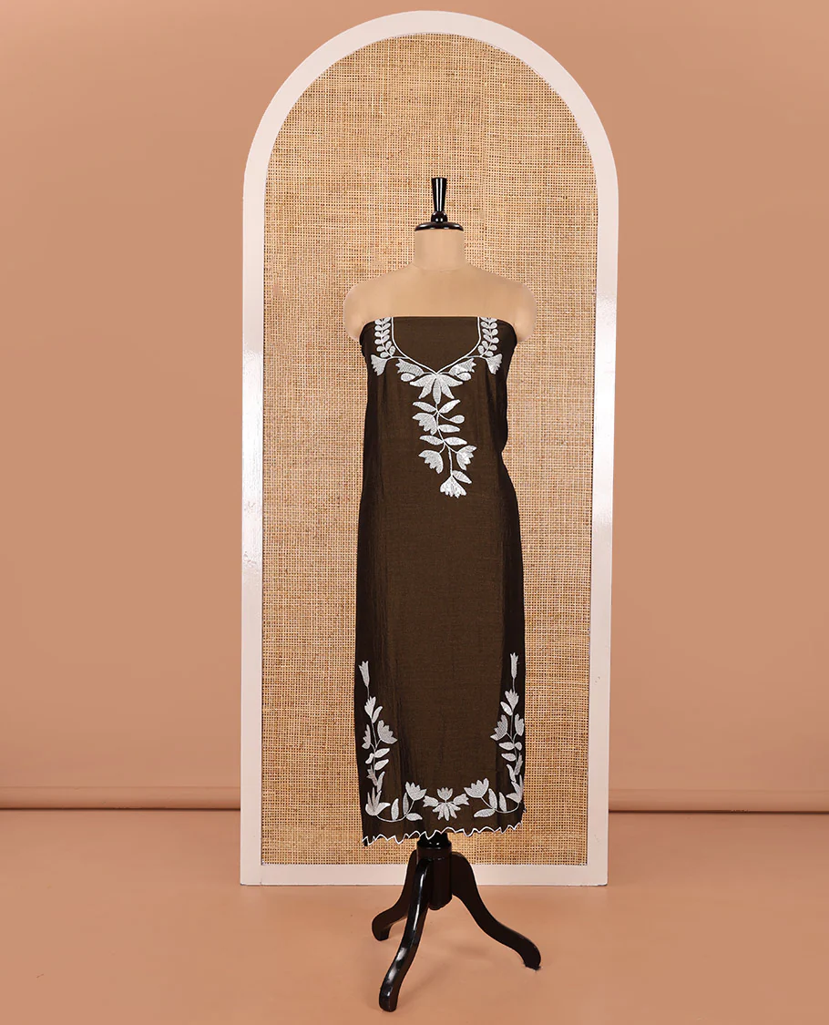 Dark Olive Green Material Churidar Set, Detailed with Floral Motifs Sequins-Thread Embroidered on Its Vichitra Silk Top, Comes with a Contrast Santoon Bottom, and Paired with a Vichitra Silk Floral Embroidered Scallop Dupatta - Image 4