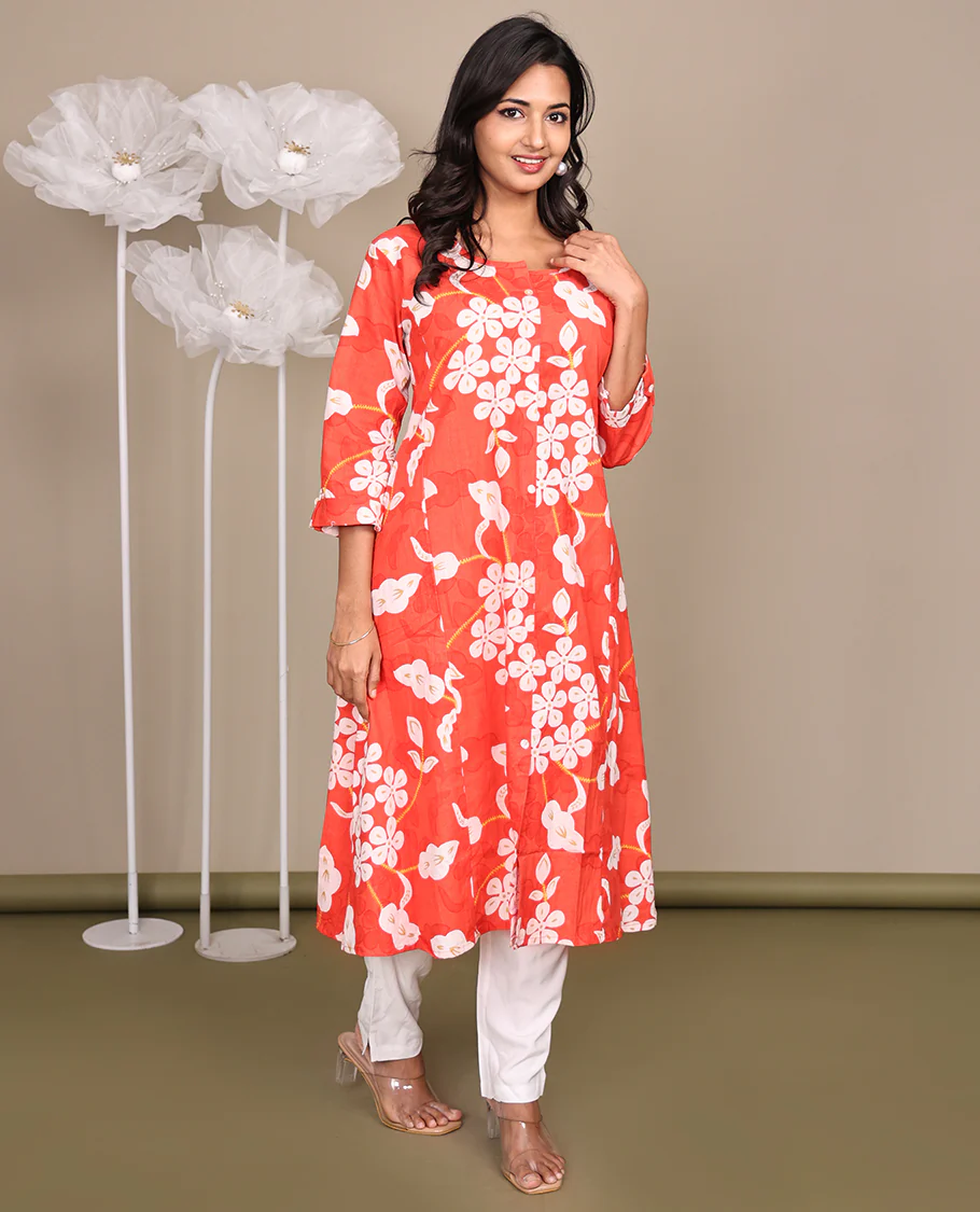 Dark Peach Floral-Printed Below-The-Knee-Length Cotton Kurti, Adorned with a Round Neckline, 3/4 Sleeves, and Straight-Cut Length - Image 3