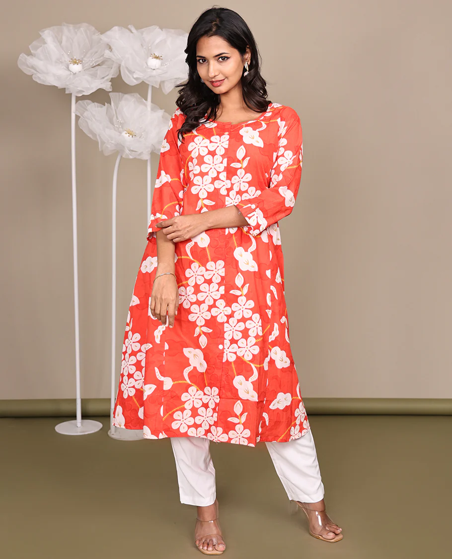 Dark Peach Floral-Printed Below-The-Knee-Length Cotton Kurti, Adorned with a Round Neckline, 3/4 Sleeves, and Straight-Cut Length - Image 4