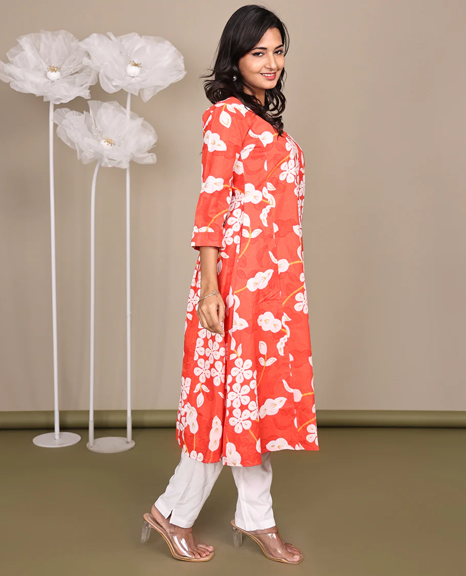 Dark Peach Floral-Printed Below-The-Knee-Length Cotton Kurti, Adorned with a Round Neckline, 3/4 Sleeves, and Straight-Cut Length - Image 5