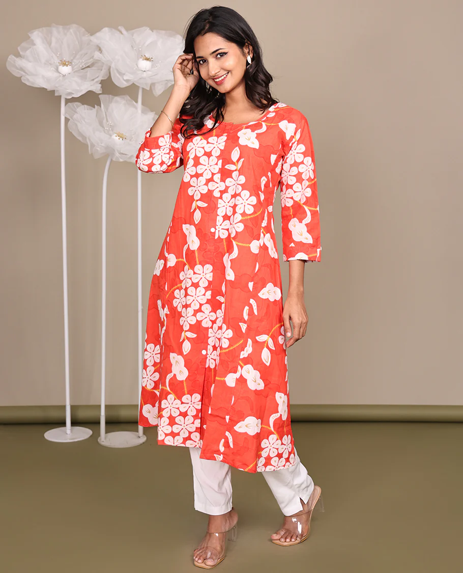 Dark Peach Floral-Printed Below-The-Knee-Length Cotton Kurti, Adorned with a Round Neckline, 3/4 Sleeves, and Straight-Cut Length - Image 6
