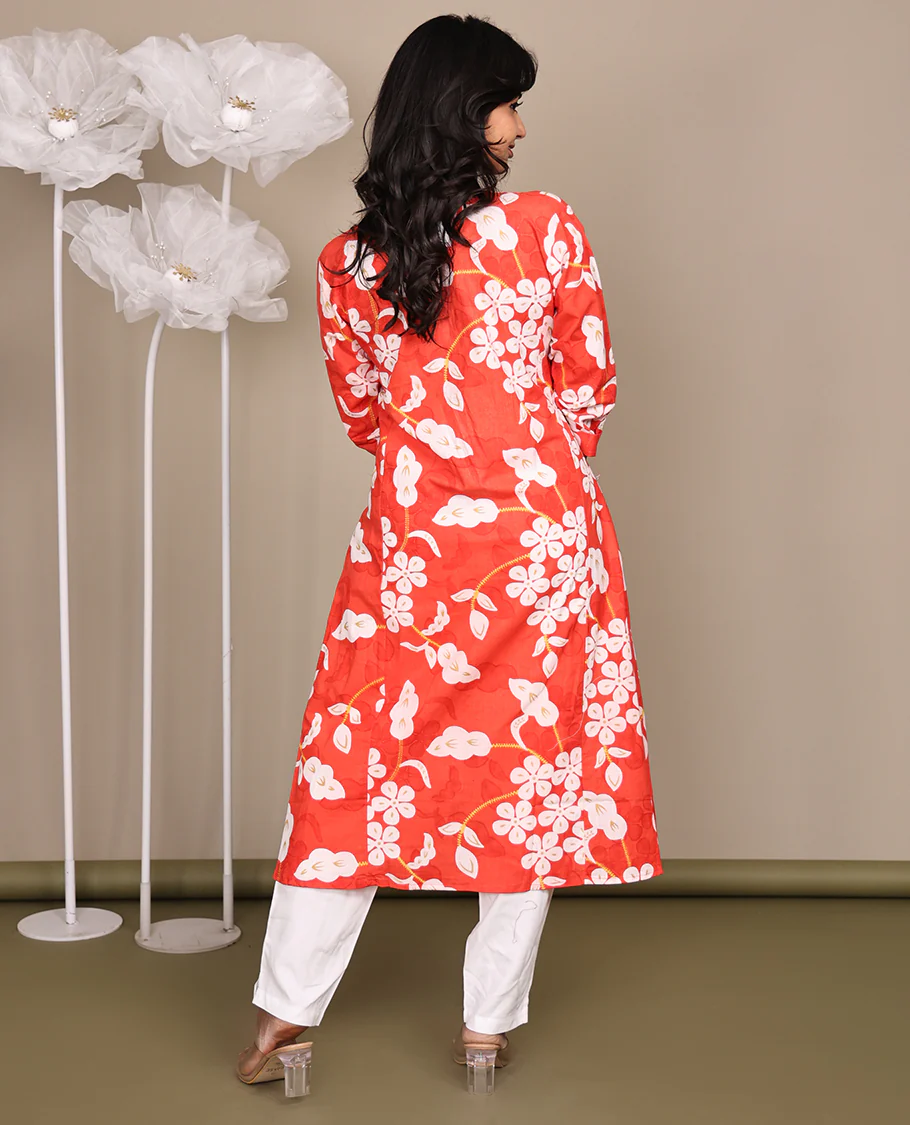 Dark Peach Floral-Printed Below-The-Knee-Length Cotton Kurti, Adorned with a Round Neckline, 3/4 Sleeves, and Straight-Cut Length - Image 7