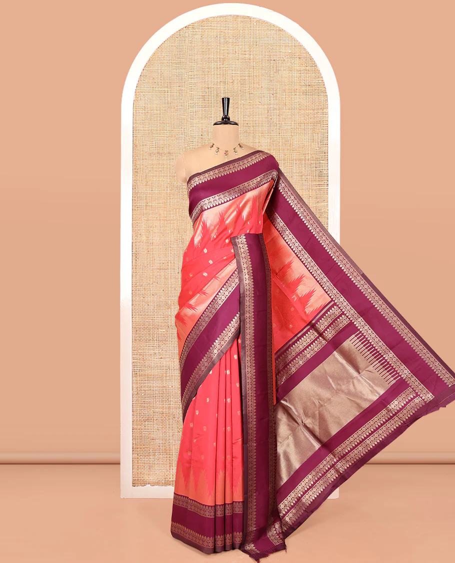 Dark Pink Litchi Saree, Bedecked with Peacock Buttas , Contrast Temple Traditional Rettai Pettu Border, Pallu of Traditional , and Contrast Blouse
