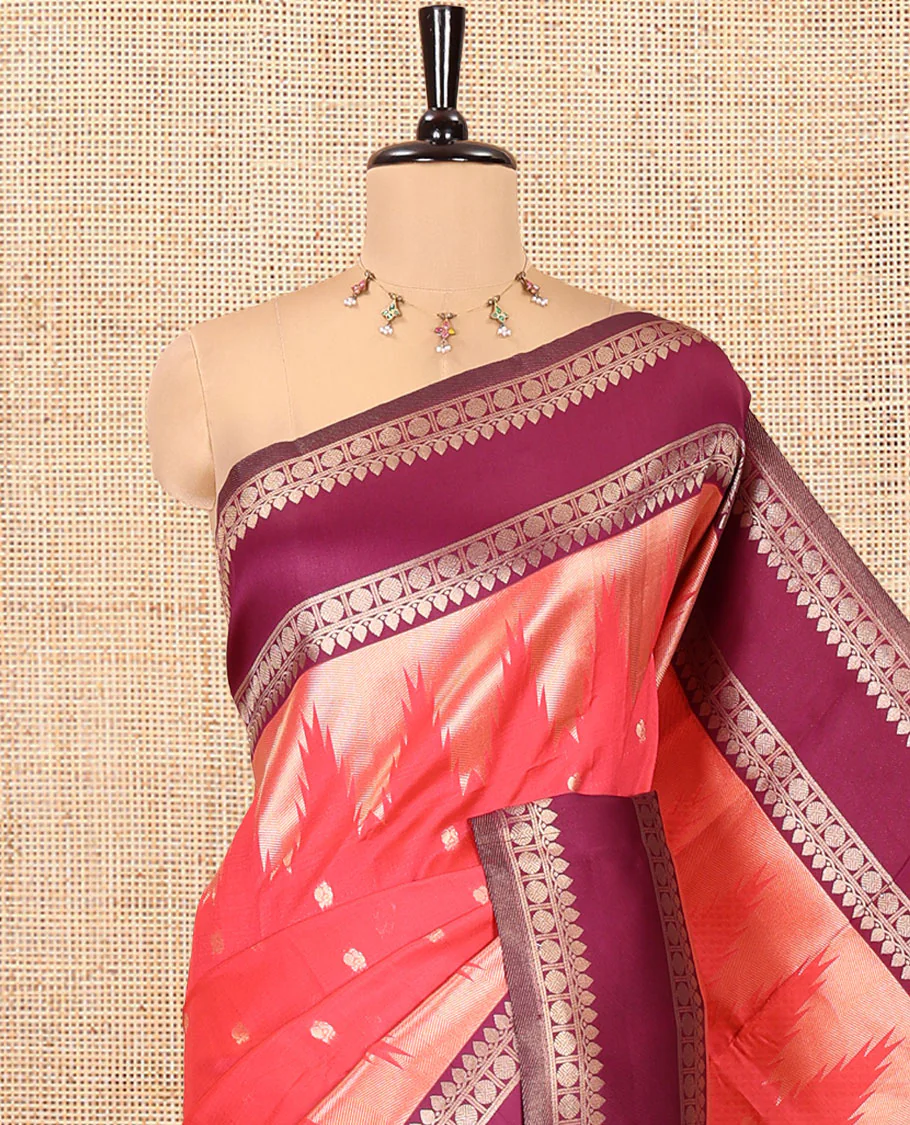 Dark Pink Litchi Saree, Bedecked with Peacock Buttas , Contrast Temple Traditional Rettai Pettu Border, Pallu of Traditional , and Contrast Blouse - Image 2