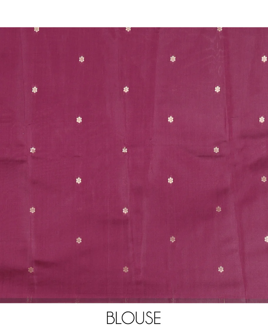 Dark Pink Litchi Saree, Bedecked with Peacock Buttas , Contrast Temple Traditional Rettai Pettu Border, Pallu of Traditional , and Contrast Blouse - Image 3