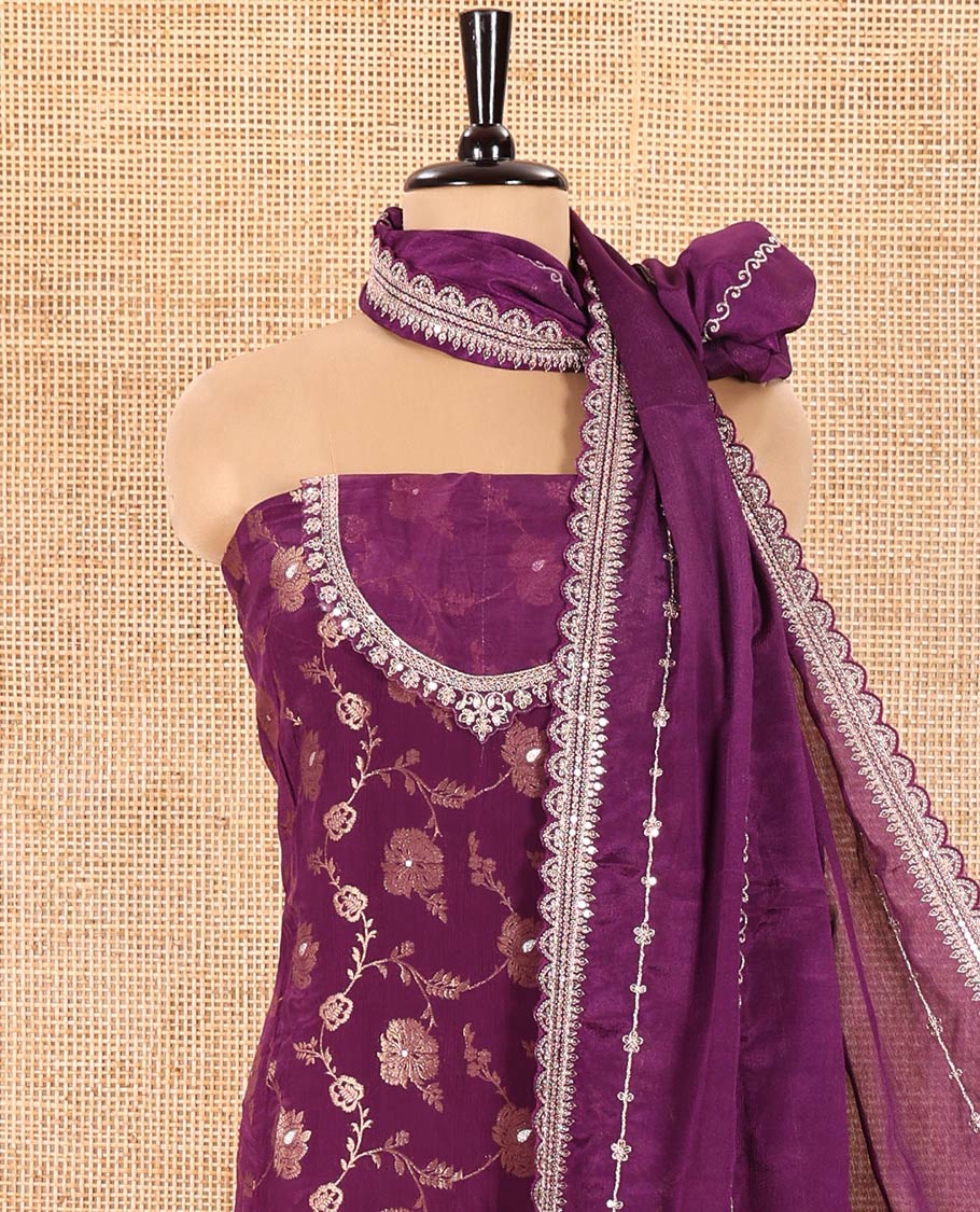 Dark Purple Chudidar Set Beautifully Bedecked with Floral Jaal Jacquard Design Viscose Chinon Unstitched Top, Readymade Free Size Sharara Pants, and a Chinon Embroidered Scallop-Bordered Dupatta - Image 3