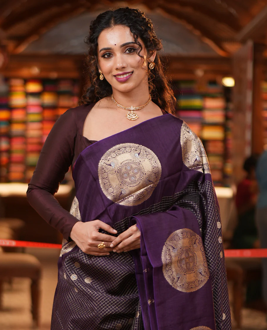 Dark Purple H O-Silk Saree, Beautifully Decked up with Zari Buttas and Zari Checks On Its Body, Accentuated with Contrast Big Chakram Motifs Woven Border, Grand Jaal Design Woven Pallu, and Paired with a Checked Blouse - Image 2