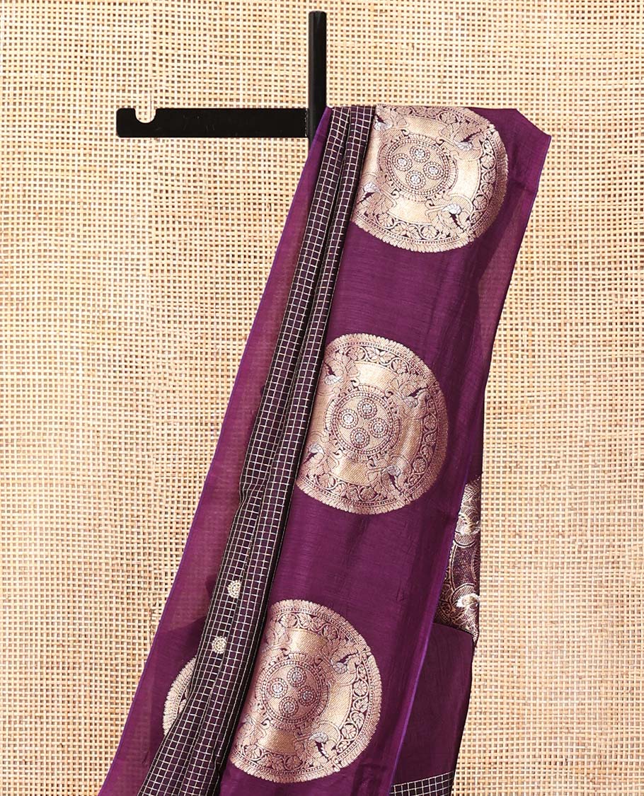 Dark Purple H O-Silk Saree, Beautifully Decked up with Zari Buttas and Zari Checks On Its Body, Accentuated with Contrast Big Chakram Motifs Woven Border, Grand Jaal Design Woven Pallu, and Paired with a Checked Blouse - Image 5
