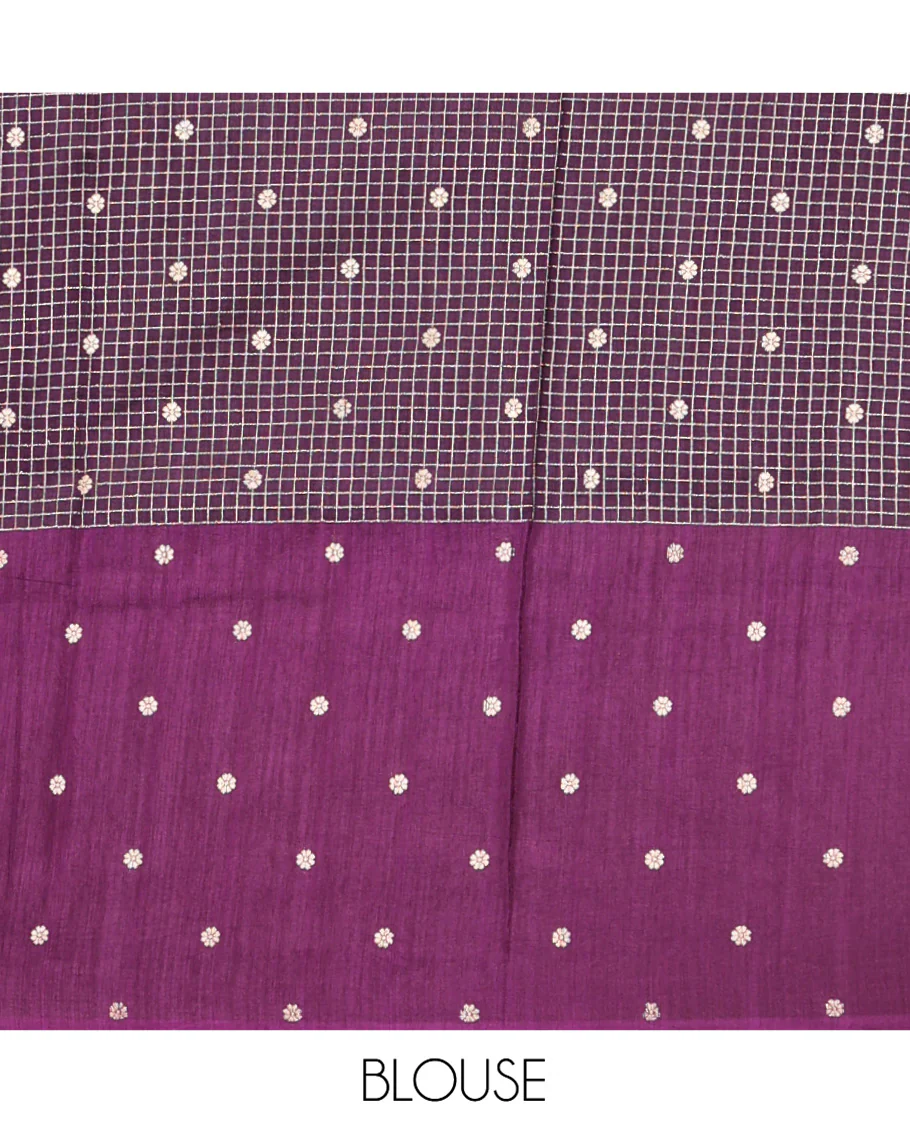 Dark Purple H O-Silk Saree, Beautifully Decked up with Zari Buttas and Zari Checks On Its Body, Accentuated with Contrast Big Chakram Motifs Woven Border, Grand Jaal Design Woven Pallu, and Paired with a Checked Blouse - Image 8