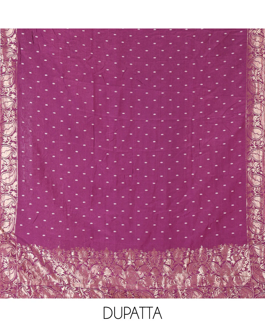 Dark Purple Mul Chanderi Material Chudidar Set, Subtly Printed with Bandhani-Style Printed Top, a Plain Santoon Bottom, and Paired with a Matching Mul Chanderi Bandhani-Dotted and Zari-Woven Dupatta - Image 2