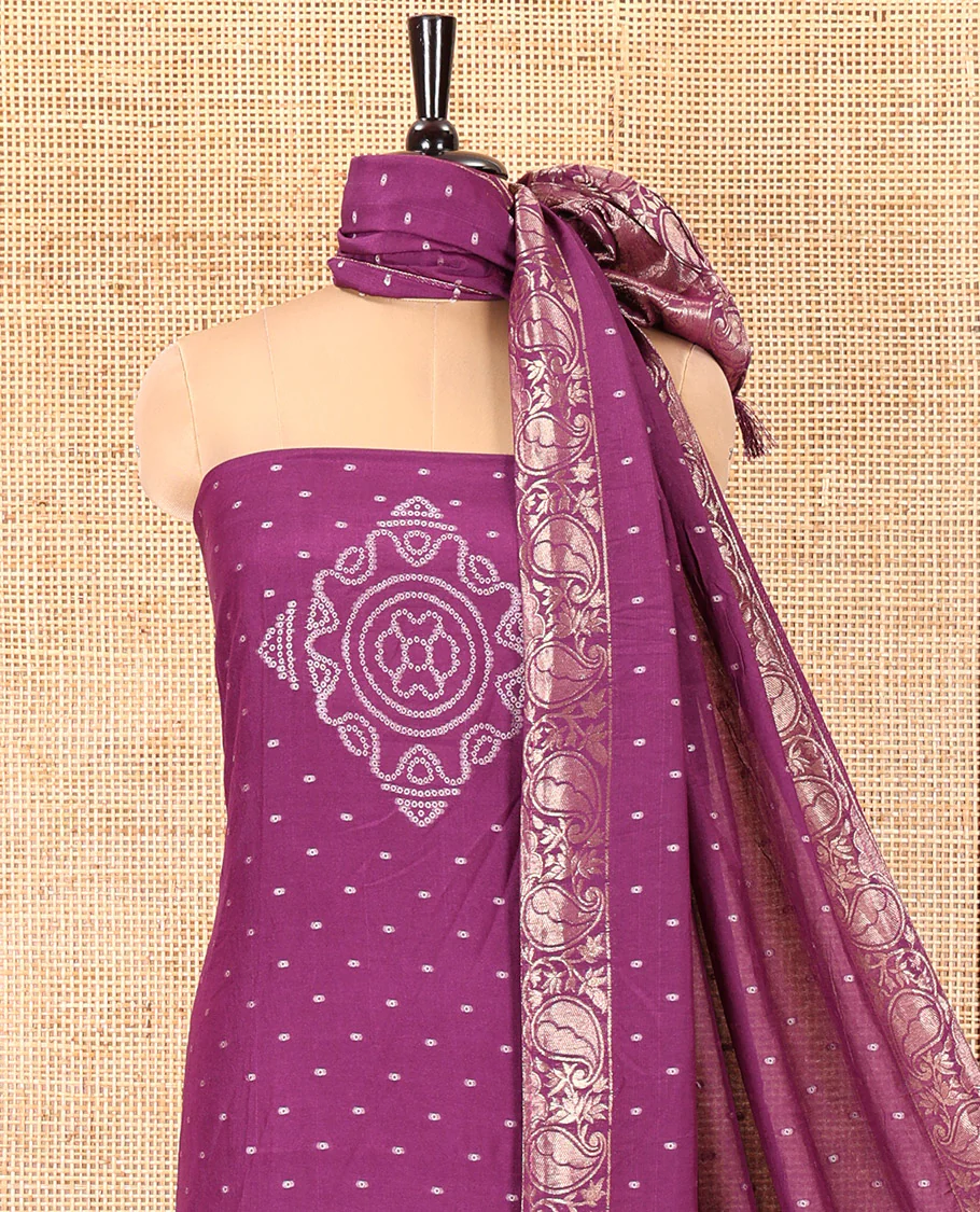 Dark Purple Mul Chanderi Material Chudidar Set, Subtly Printed with Bandhani-Style Printed Top, a Plain Santoon Bottom, and Paired with a Matching Mul Chanderi Bandhani-Dotted and Zari-Woven Dupatta - Image 3