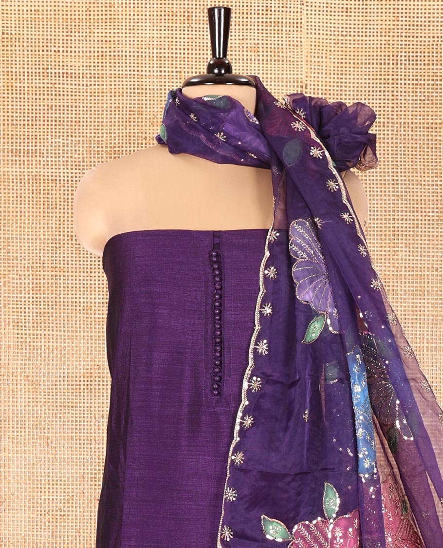 Dark Purple Vichitra Silk Material Chudidar Set, Enthralled with Pom-Pom Necklined Top, a Plain Santoon Bottom, and Paired Scallop Multi-Color Floral Embroidered Organza Dupatta - Image 3
