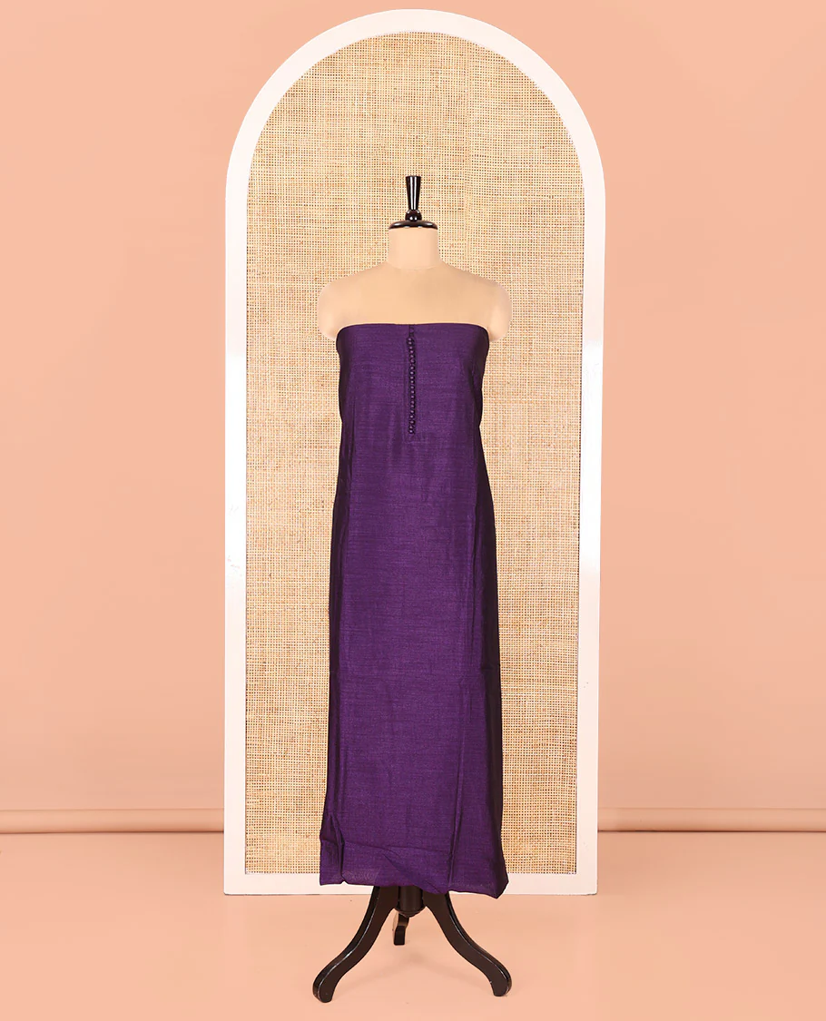 Dark Purple Vichitra Silk Material Chudidar Set, Enthralled with Pom-Pom Necklined Top, a Plain Santoon Bottom, and Paired Scallop Multi-Color Floral Embroidered Organza Dupatta - Image 4