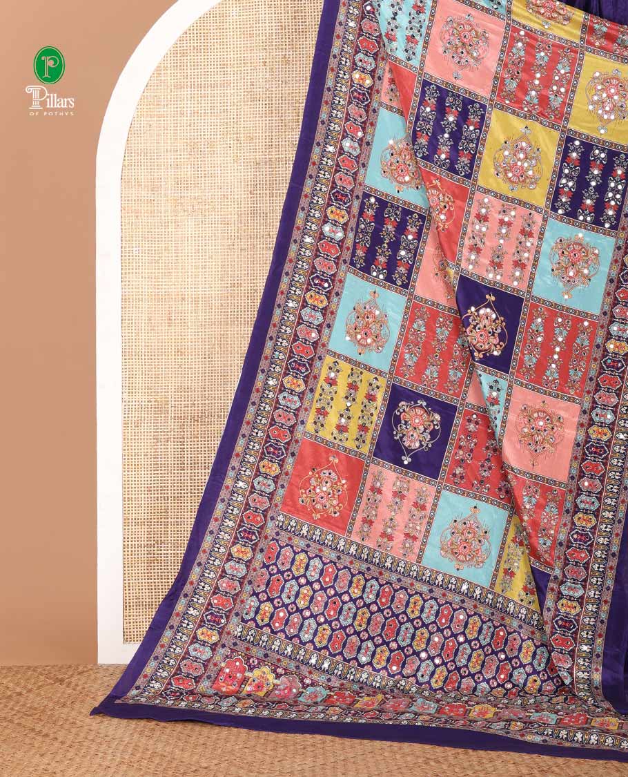 Dark violet half-&-half style geometric print & mirror embroidery masakali saree,self-border & pallu of print & mirror work,plain blouse - Image 2