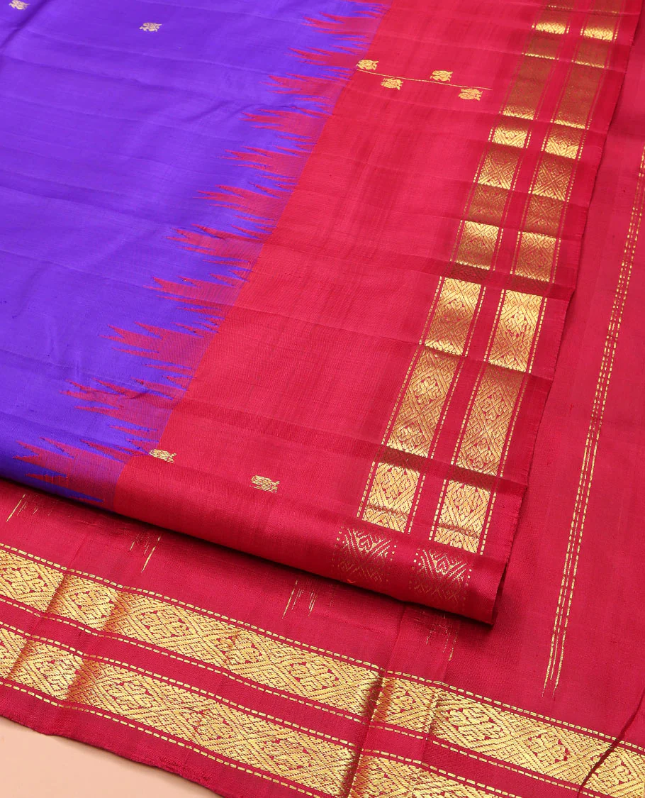 Dark Violet Kanchipuram Silk Saree, Accentuated with Zari Buttas on Its Body, Complemented by a Contrast One-Sided Thazampoo Rekku Rettai Pettu Border of Muthu, and Diamond Designs, Pallu of Zari Designs, and Comes Without a Blouse - Image 2