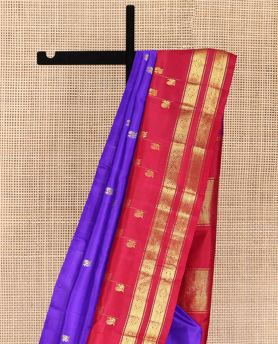 Dark Violet Kanchipuram Silk Saree, Accentuated with Zari Buttas on Its Body, Complemented by a Contrast One-Sided Thazampoo Rekku Rettai Pettu Border of Muthu, and Diamond Designs, Pallu of Zari Designs, and Comes Without a Blouse - Image 3
