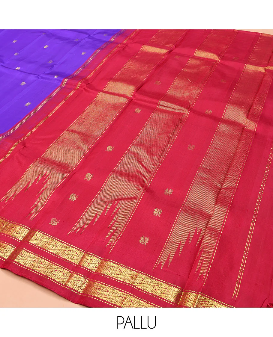 Dark Violet Kanchipuram Silk Saree, Accentuated with Zari Buttas on Its Body, Complemented by a Contrast One-Sided Thazampoo Rekku Rettai Pettu Border of Muthu, and Diamond Designs, Pallu of Zari Designs, and Comes Without a Blouse - Image 5