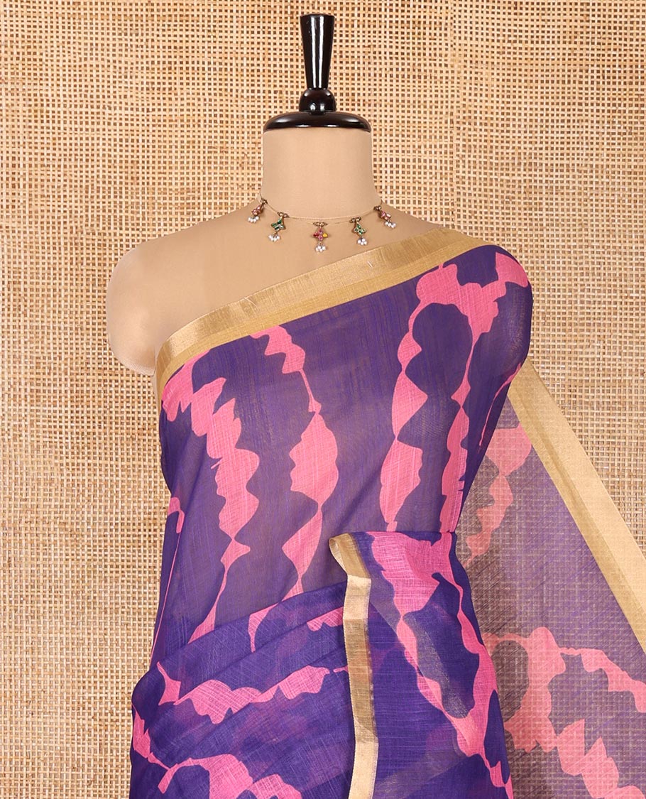 Dark Violet Linen Cotton Saree, Adorned with Shibori Print On Its Body, Subtle Piping Border, Pallu Steeped with Floral Vine Print, and Paired with a Printed Blouse - Image 2