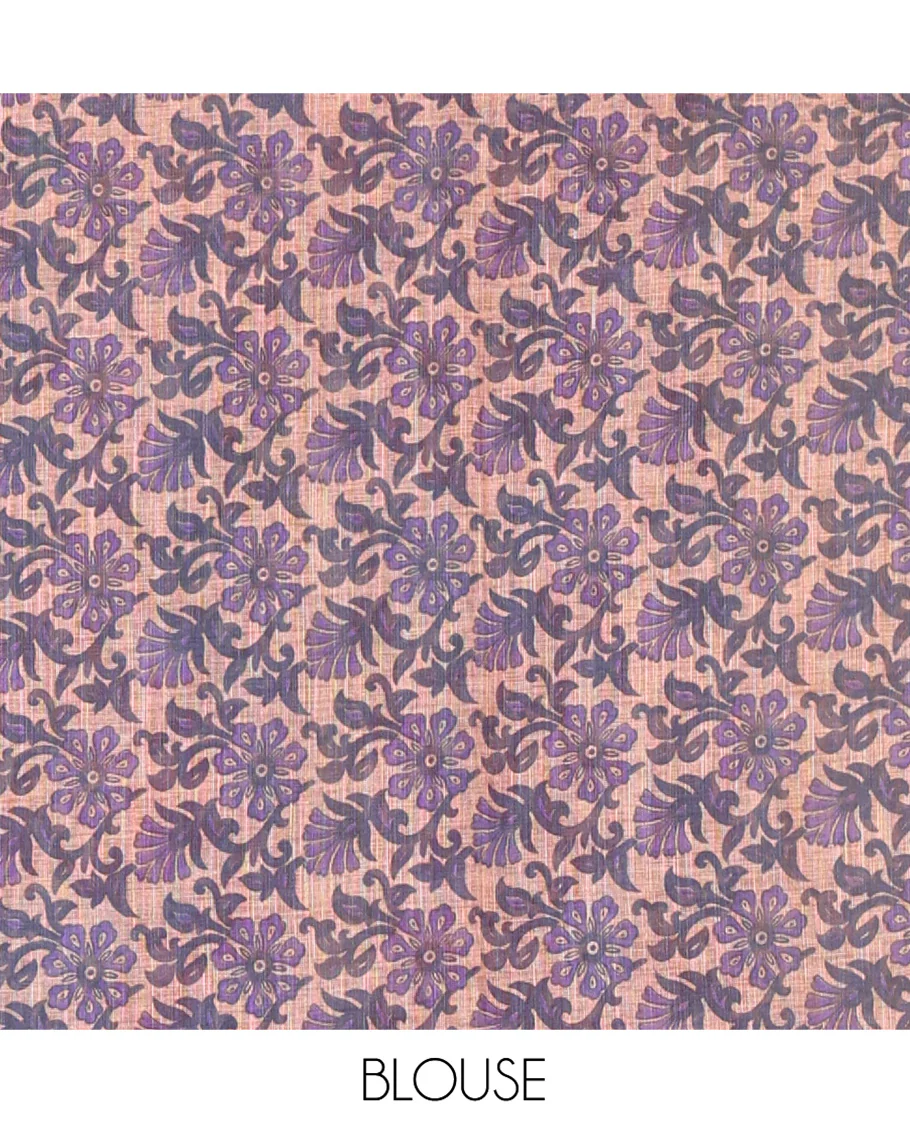 Dark Violet Linen Cotton Saree, Adorned with Shibori Print On Its Body, Subtle Piping Border, Pallu Steeped with Floral Vine Print, and Paired with a Printed Blouse - Image 3