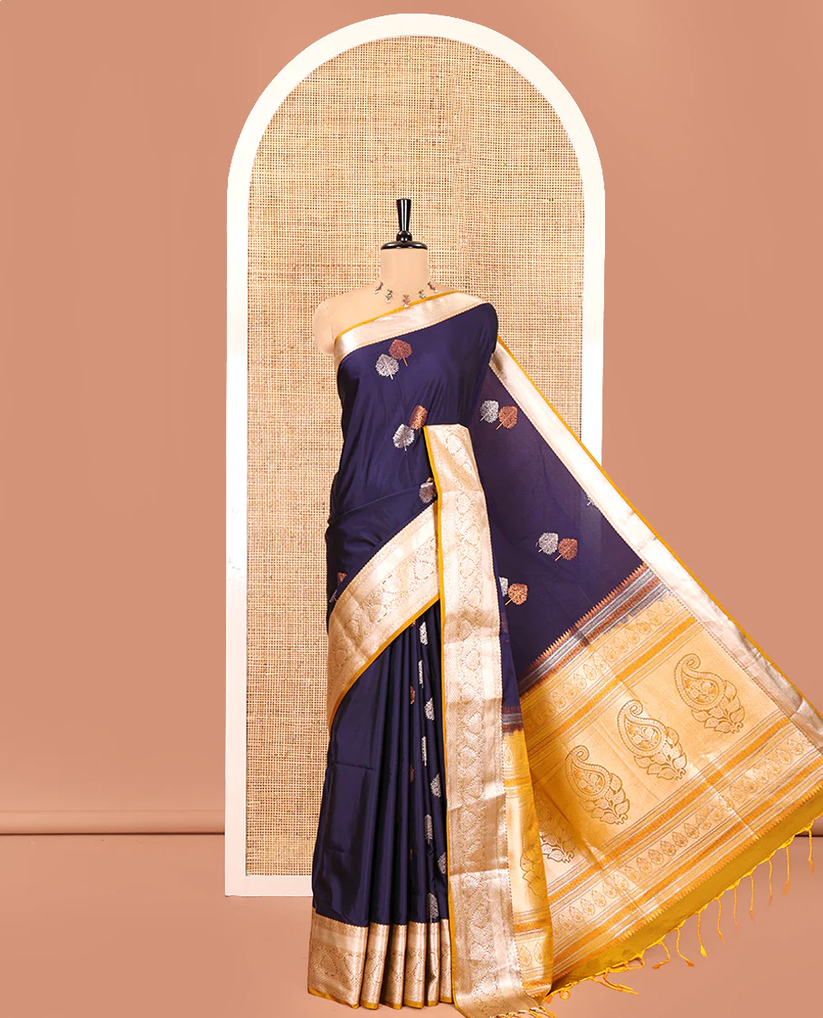 Dark Violet Semi-Soft Silk Saree, Embellished with Tree Zari Buttas All Over Its Body, Complemented by a Contrast Traditional Zari Design Border, Pallu of Paisleys, and Paired with a Contrast Blouse - Image 4