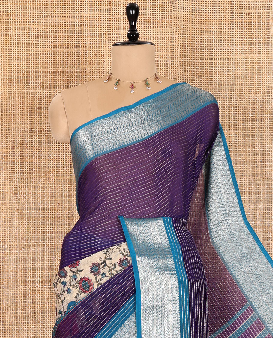 Dark Violet Viscose Georgette Elevated with Horizontal Zari Stripes and Kalamkari Flora-Fauna Prints, Complemented by a Contrast Traditional Zari Border, a Printed Pallu with Stripes, and a Contrast Blouse - Image 2