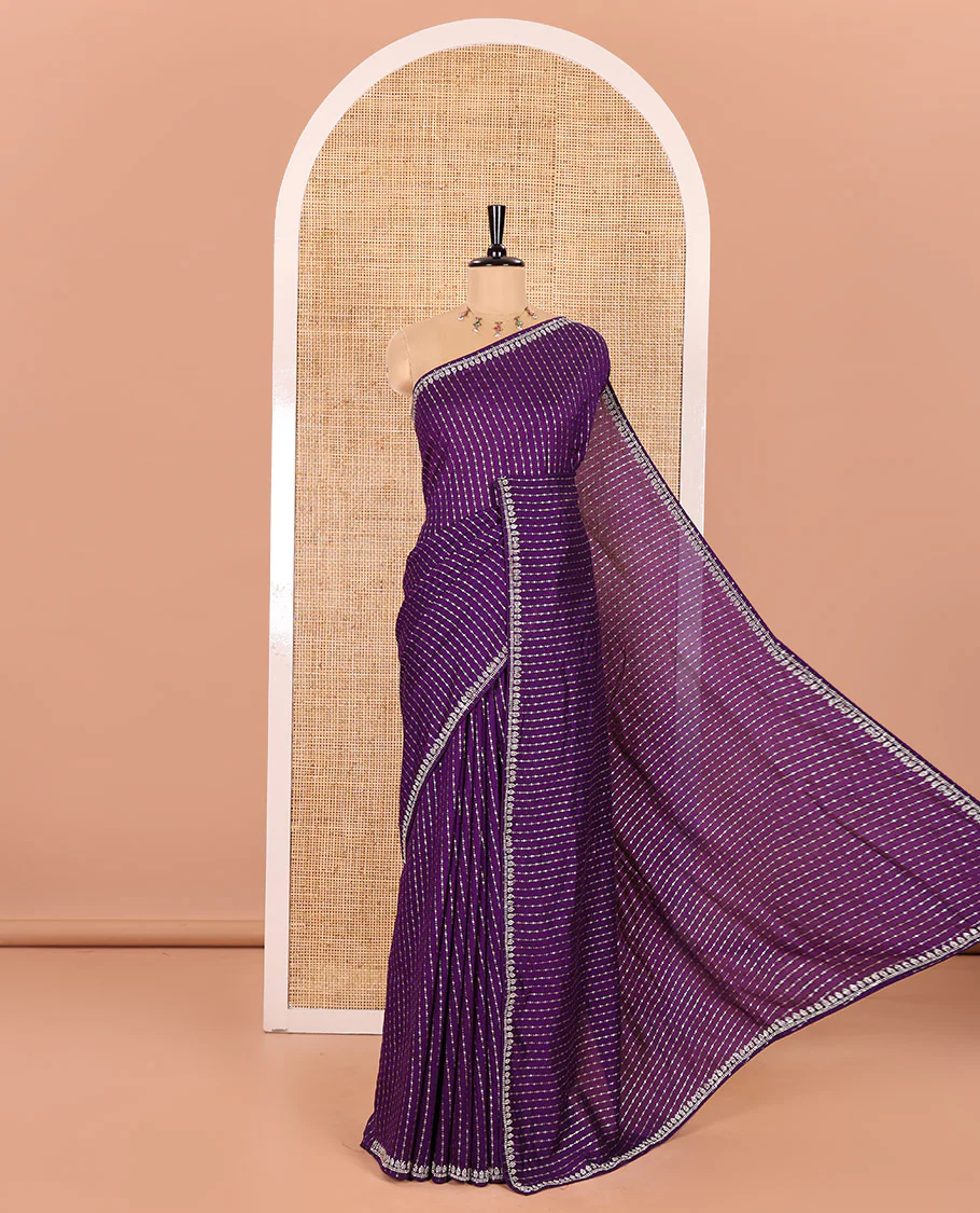 Dark Violet Vitchitra Silk Saree Elevated with Sequin-Style Foil Prints All Over Its Body, Jarkan Stone Work Border, and Paired with a Matching Jarkan Stone Work Blouse - Image 3