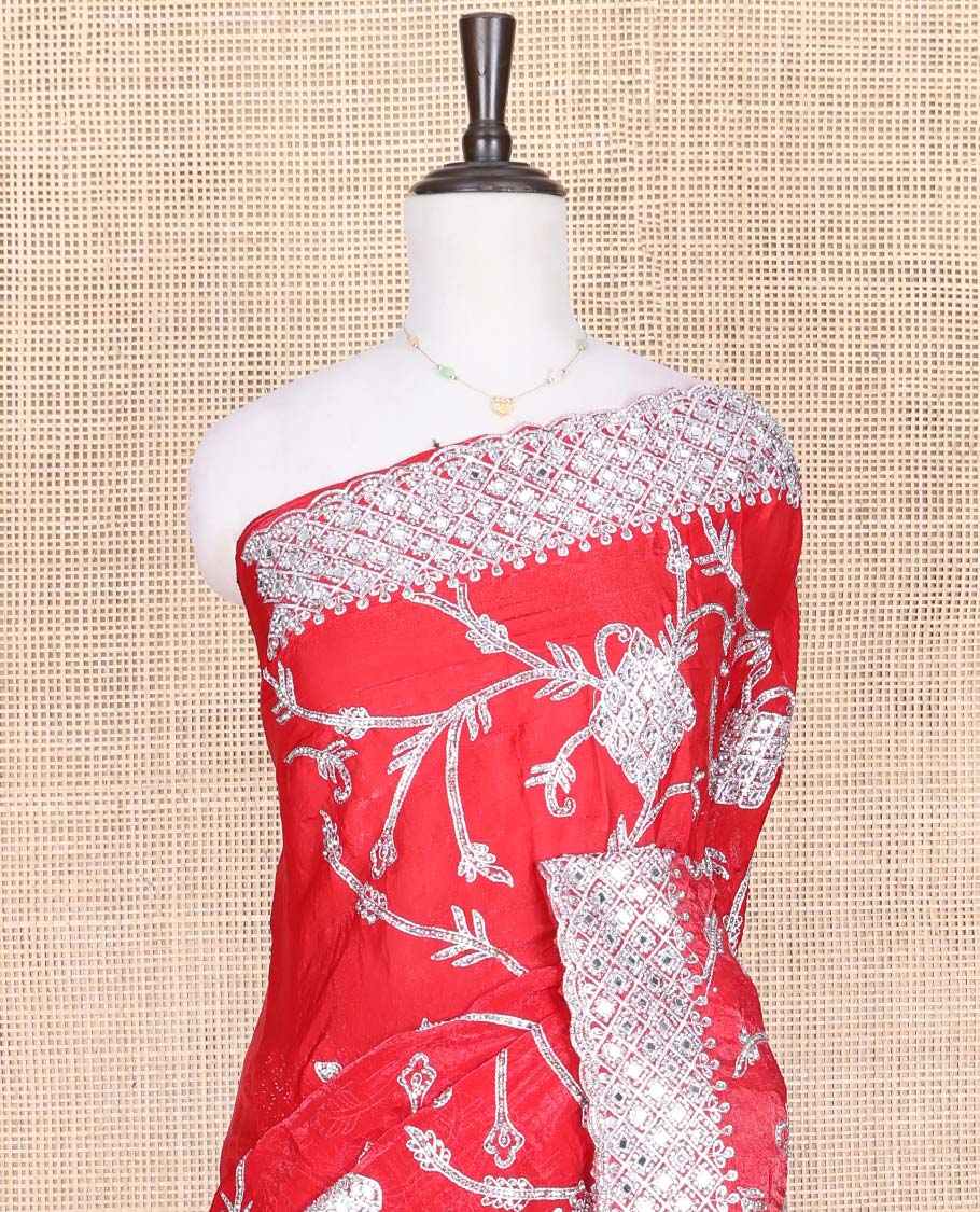 Dazzling Red Designer Saree, Richly Detailed with Floral-Jaal Style Mixed Embroidery on Its Body, Highlighted by Jaal-Patterned Scallop Embroidered Border, Self-Design Pallu, and Paired with a Heavy Embroidered Matching Blouse - Image 2