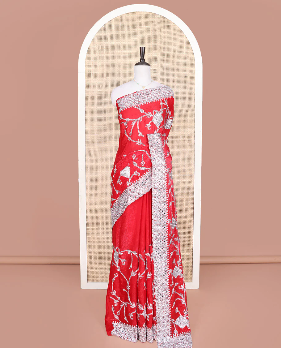 Dazzling Red Designer Saree, Richly Detailed with Floral-Jaal Style Mixed Embroidery on Its Body, Highlighted by Jaal-Patterned Scallop Embroidered Border, Self-Design Pallu, and Paired with a Heavy Embroidered Matching Blouse - Image 3
