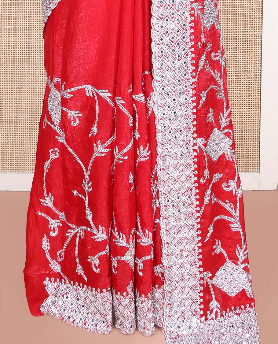 Dazzling Red Designer Saree, Richly Detailed with Floral-Jaal Style Mixed Embroidery on Its Body, Highlighted by Jaal-Patterned Scallop Embroidered Border, Self-Design Pallu, and Paired with a Heavy Embroidered Matching Blouse - Image 4