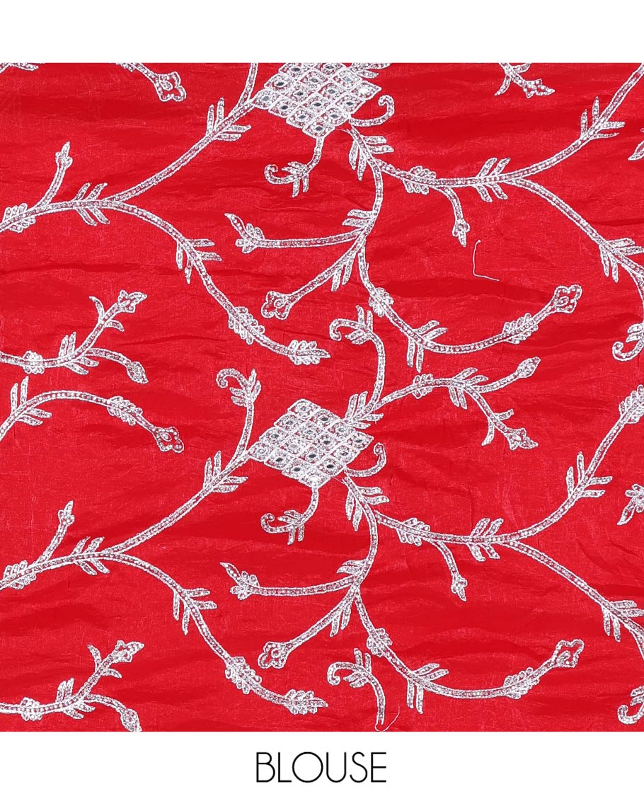 Dazzling Red Designer Saree, Richly Detailed with Floral-Jaal Style Mixed Embroidery on Its Body, Highlighted by Jaal-Patterned Scallop Embroidered Border, Self-Design Pallu, and Paired with a Heavy Embroidered Matching Blouse - Image 5