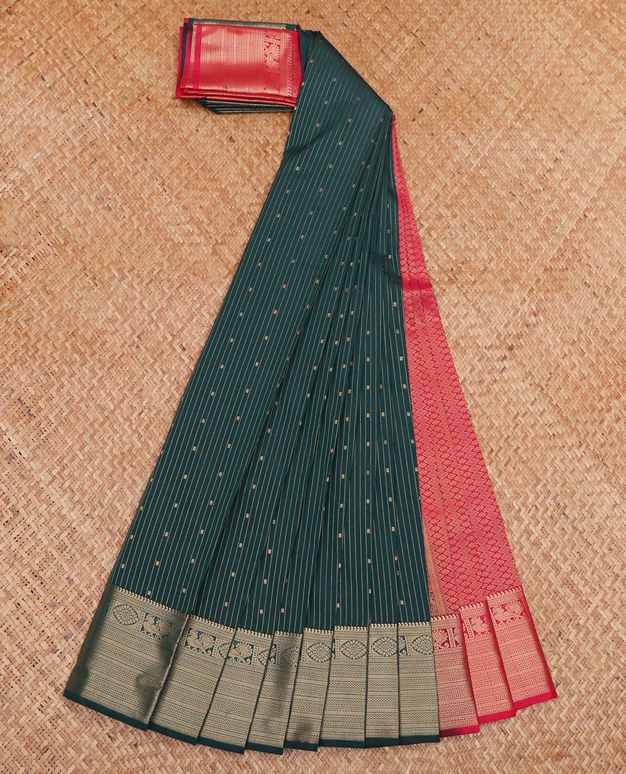 Deep Blue Budget Silk Saree, Charming Accented with Buttas and Stripes All Over Its Body, Highlighted by Traditional Zari Designs Woven Border, Contrast Grand Jaal Pallu, and Paired with a Contrast Blouse - Image 2