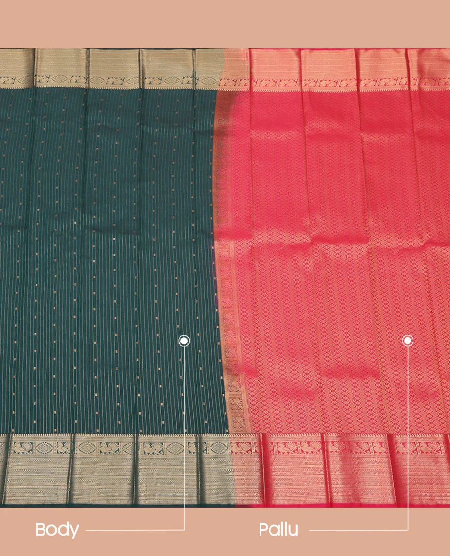 Deep Blue Budget Silk Saree, Charming Accented with Buttas and Stripes All Over Its Body, Highlighted by Traditional Zari Designs Woven Border, Contrast Grand Jaal Pallu, and Paired with a Contrast Blouse - Image 3