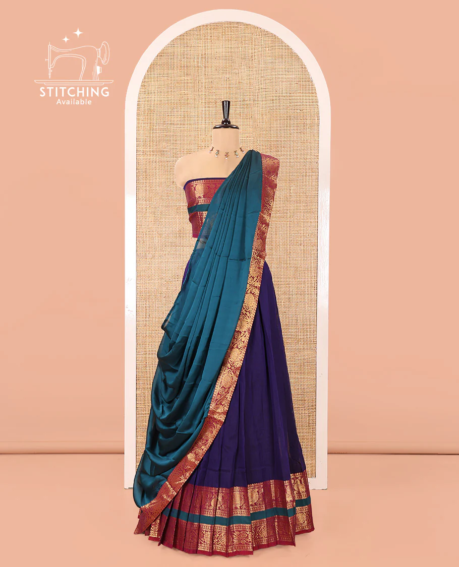 Deep Violet-Rama Mercerised Cotton Half-Saree Features Plain with Contrast Peacock and Floral Creeper Zari Bordered Skirt, Paired with a Matching Blouse, and Comes with a Contrast Floral Creeper Zari Bordered Dhavani - Image 3
