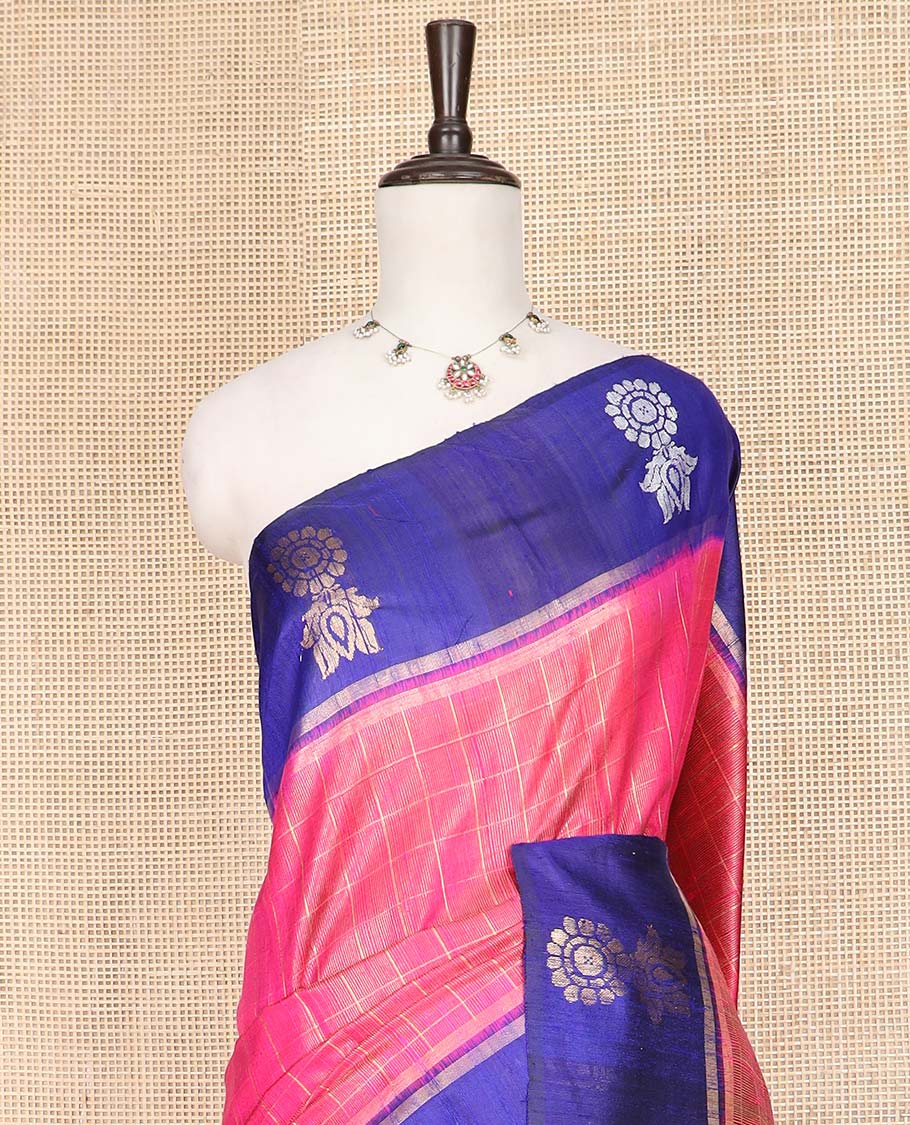 Pink Dupion Silk Saree Decked Up with Checks All Over Its Body, Complemented by a Contrast Border  of Unique Motifs in Zari, Grand Pallu Depicts Geometric Designs, and Paired with a Contrast Blouse - Image 2