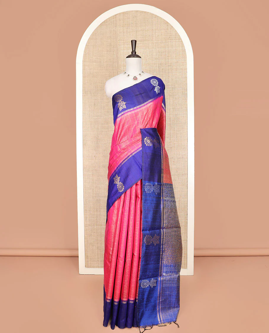 Pink Dupion Silk Saree Decked Up with Checks All Over Its Body, Complemented by a Contrast Border  of Unique Motifs in Zari, Grand Pallu Depicts Geometric Designs, and Paired with a Contrast Blouse - Image 3