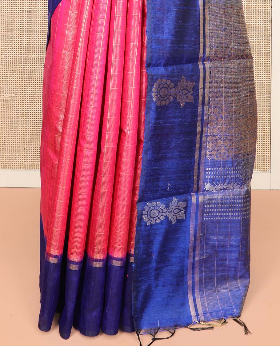 Pink Dupion Silk Saree Decked Up with Checks All Over Its Body, Complemented by a Contrast Border  of Unique Motifs in Zari, Grand Pallu Depicts Geometric Designs, and Paired with a Contrast Blouse - Image 4