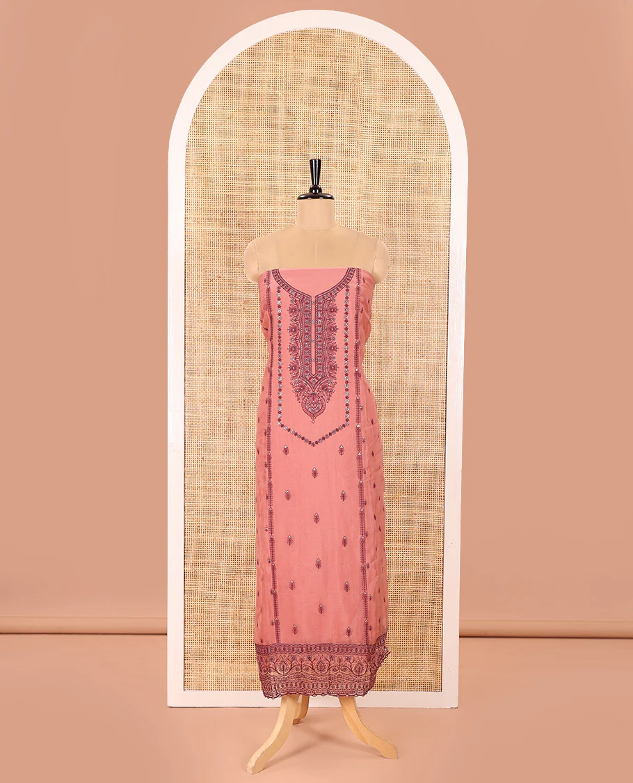 Dusky Magenta Material Chudidar Set Adorned with Embroidered Organza Chiffon Top, Subtly Made Plain Santoon Bottom, and a Organza Dupatta Featuring Floral Jaal Embroidery - Image 4