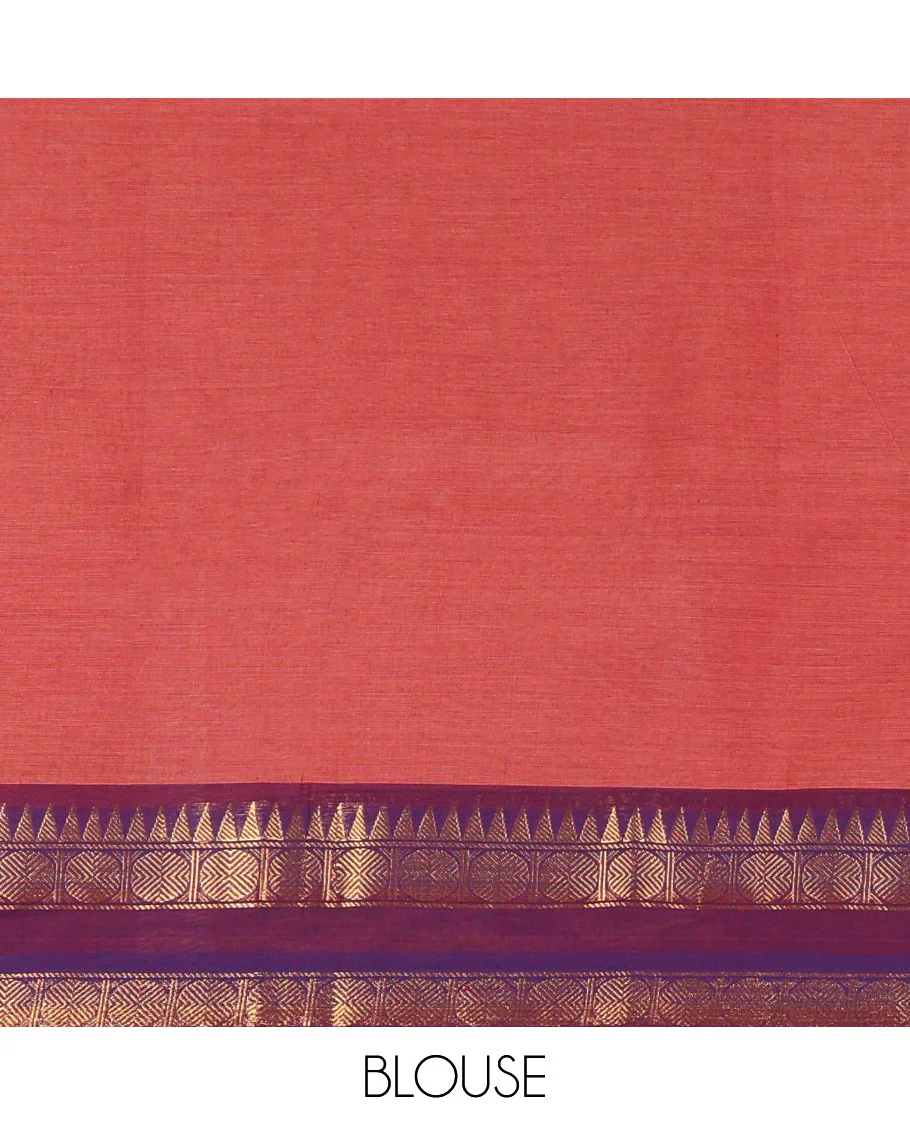 Dusky Pink Plain Chettinad Cotton Saree, Complemented by a Contrast Ganga-Jamuna Rettai Pettu Border of Temple and Rudraksham Designs, Subtly Striped Pallu, and Paired with a Matching Blouse - Image 3
