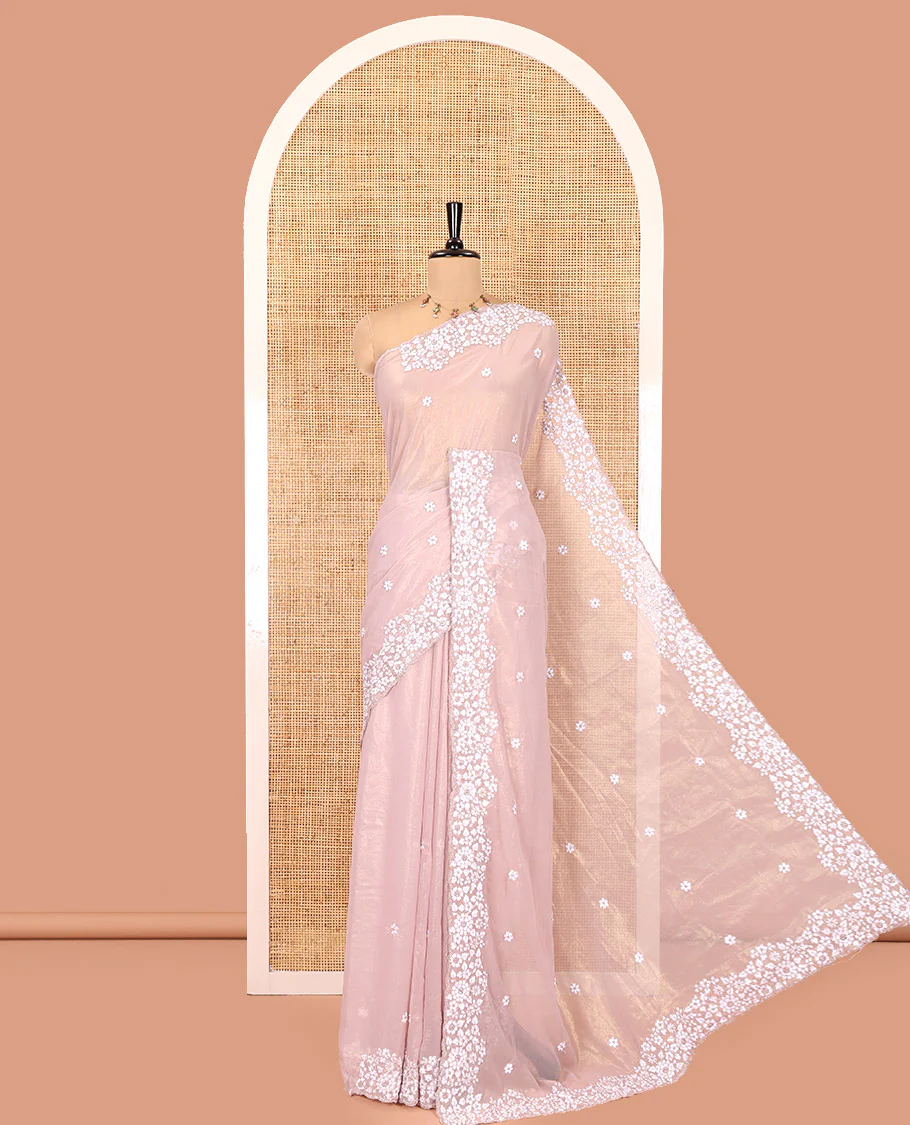Dusky Pink Shimmer Chiffon Saree, Artfully Detailed with Floral Embroidery on Its Body, Scallop Floral Embroidery Border, a Self-Pallu, and Paired with a Matching Embroidered Blouse