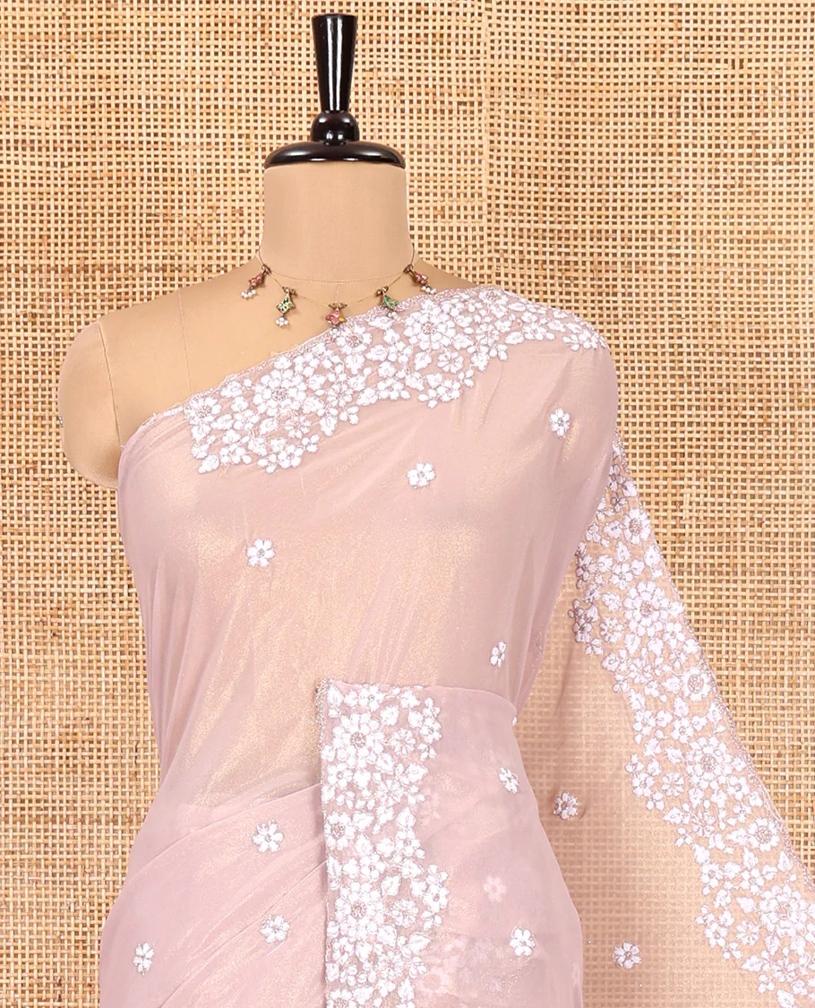 Dusky Pink Shimmer Chiffon Saree, Artfully Detailed with Floral Embroidery on Its Body, Scallop Floral Embroidery Border, a Self-Pallu, and Paired with a Matching Embroidered Blouse - Image 2