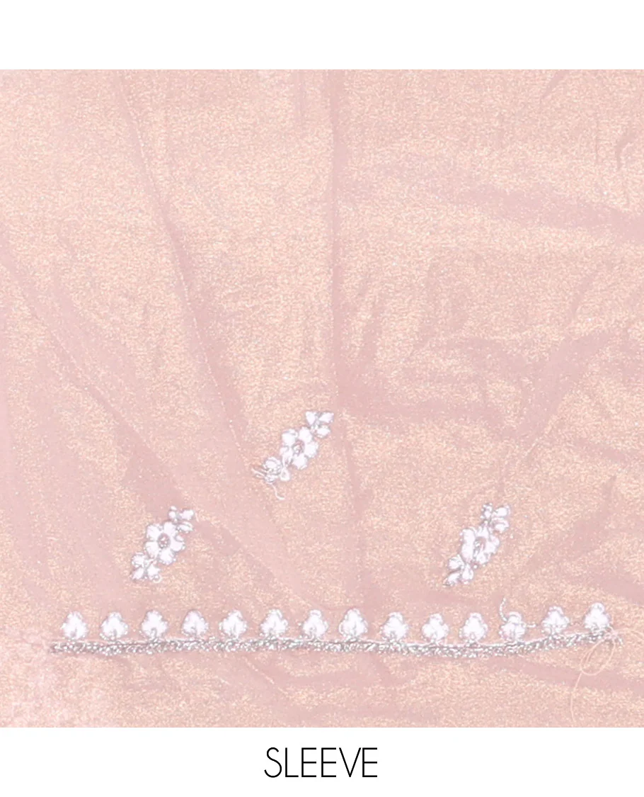 Dusky Pink Shimmer Chiffon Saree, Artfully Detailed with Floral Embroidery on Its Body, Scallop Floral Embroidery Border, a Self-Pallu, and Paired with a Matching Embroidered Blouse - Image 3