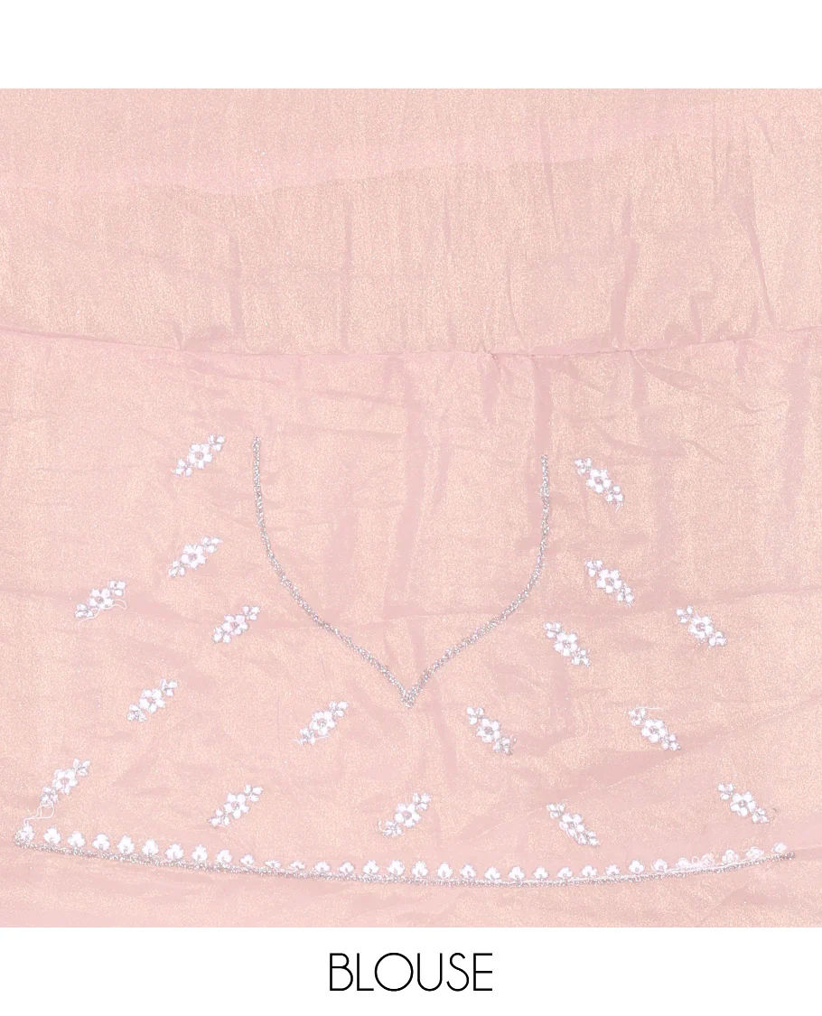 Dusky Pink Shimmer Chiffon Saree, Artfully Detailed with Floral Embroidery on Its Body, Scallop Floral Embroidery Border, a Self-Pallu, and Paired with a Matching Embroidered Blouse - Image 4