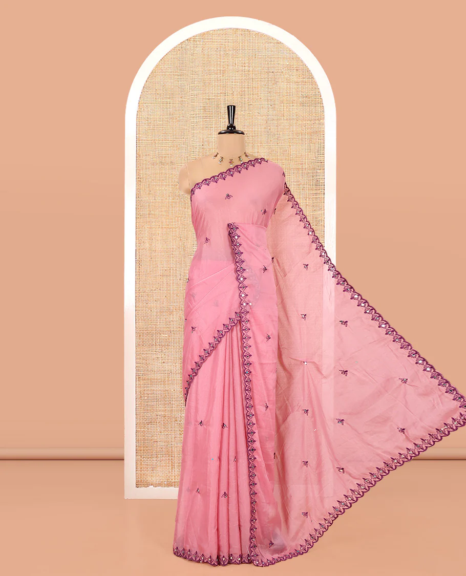 Dusty Pink Rangoli Chiffon Saree, Beautified with Thread and Mirror Work Buttas on Its Body, Subtle Scallop Embroidered Border, Embroidered Pallu, and Paired with a Contrast Mirror Work Blouse