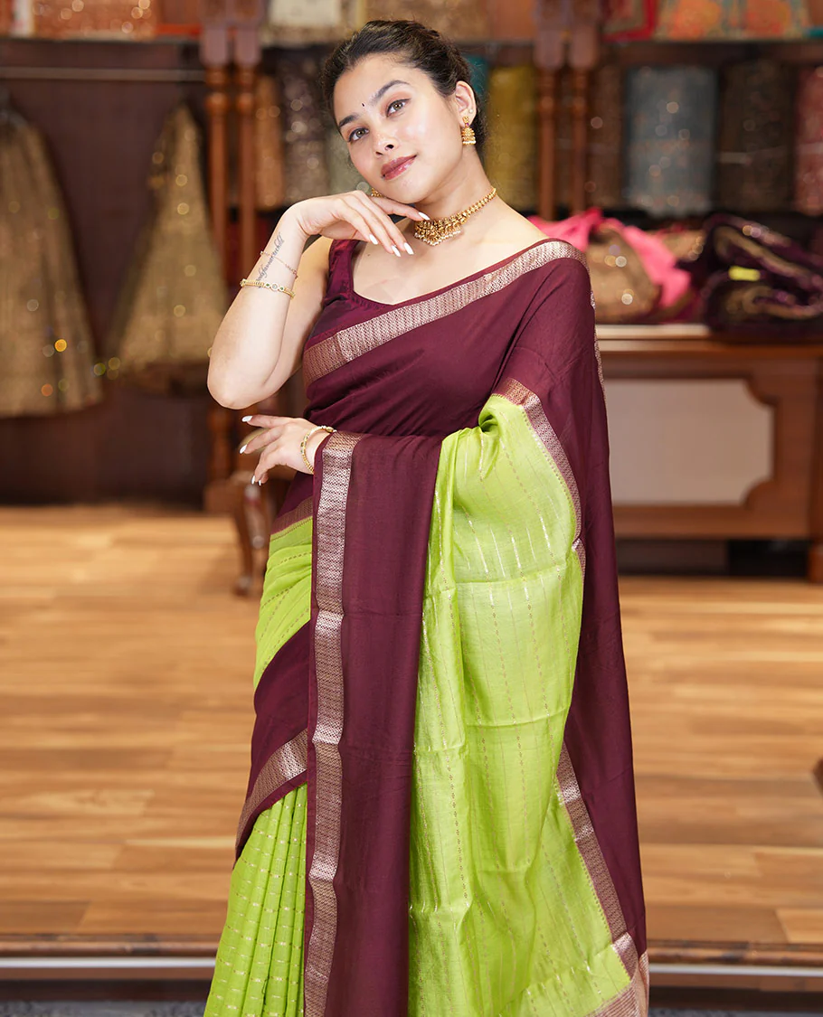 Elaichi Green Assam Silk Saree, Embellished with Horizontal Zari Stripes All Over Its Body, Complemented by a Contrast Traditional Zari Design Rettai Pettu Border, Grand Zari Striped Pallu, and Paired with a Contrast Blouse - Image 2