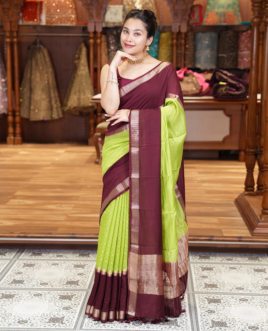 Elaichi Green Assam Silk Saree, Embellished with Horizontal Zari Stripes All Over Its Body, Complemented by a Contrast Traditional Zari Design Rettai Pettu Border, Grand Zari Striped Pallu, and Paired with a Contrast Blouse - Image 3