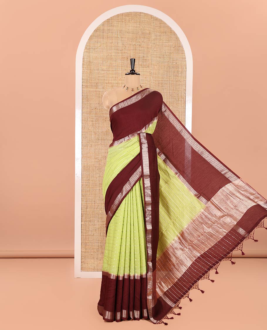 Elaichi Green Assam Silk Saree, Embellished with Horizontal Zari Stripes All Over Its Body, Complemented by a Contrast Traditional Zari Design Rettai Pettu Border, Grand Zari Striped Pallu, and Paired with a Contrast Blouse - Image 4