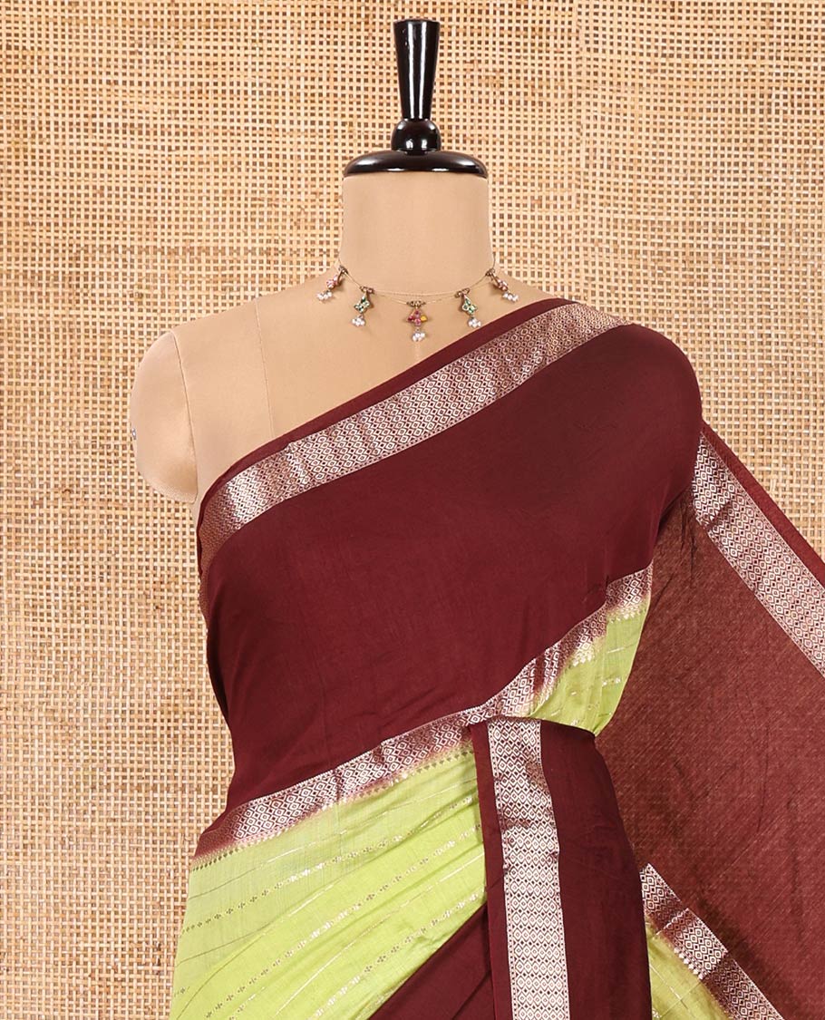 Elaichi Green Assam Silk Saree, Embellished with Horizontal Zari Stripes All Over Its Body, Complemented by a Contrast Traditional Zari Design Rettai Pettu Border, Grand Zari Striped Pallu, and Paired with a Contrast Blouse - Image 5