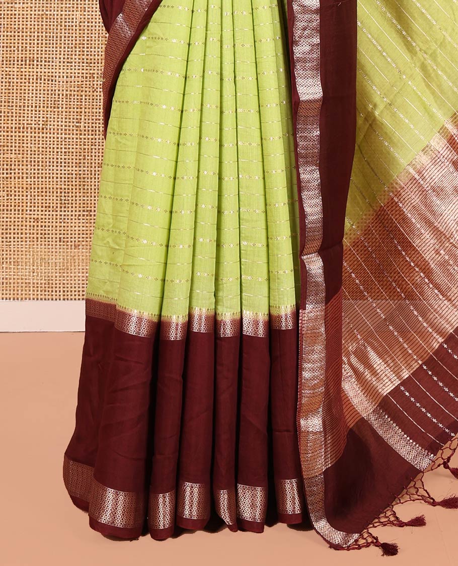 Elaichi Green Assam Silk Saree, Embellished with Horizontal Zari Stripes All Over Its Body, Complemented by a Contrast Traditional Zari Design Rettai Pettu Border, Grand Zari Striped Pallu, and Paired with a Contrast Blouse - Image 6