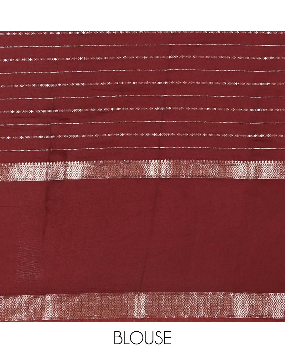 Elaichi Green Assam Silk Saree, Embellished with Horizontal Zari Stripes All Over Its Body, Complemented by a Contrast Traditional Zari Design Rettai Pettu Border, Grand Zari Striped Pallu, and Paired with a Contrast Blouse - Image 7