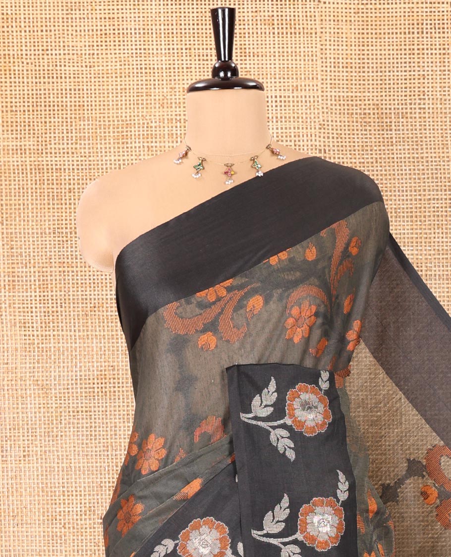 Elephant Grey Chanderi Cotton Saree, Adorned with Floral Designs on Its Body, Complemented by a Contrast Border of Floral Designs, Pallu of Stripes, and Paired with a Matching Blouse - Image 2